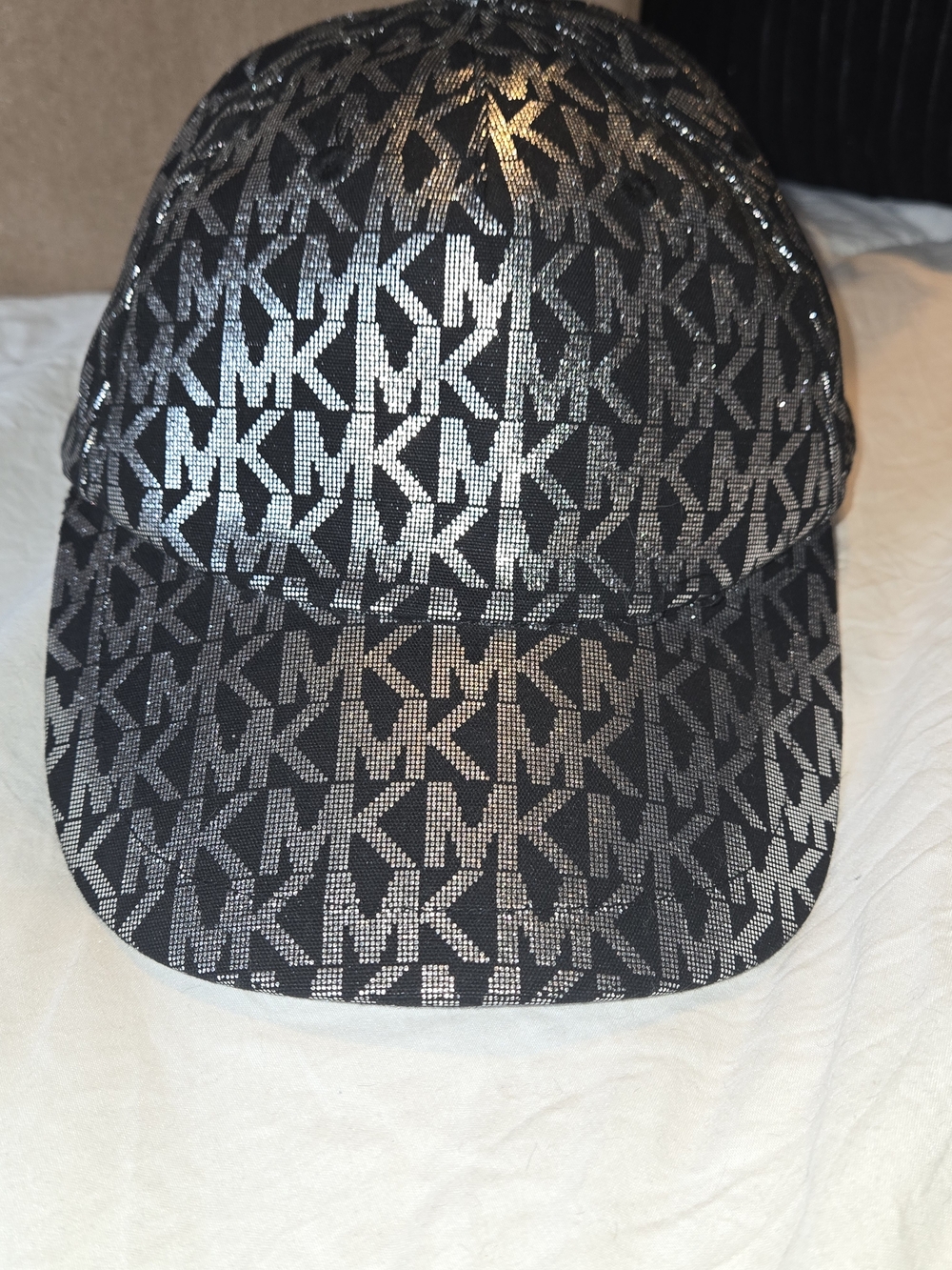Michael Kors MK Monogram Baseball Cap Black Silver Metallic Logo Adjustable Hat
